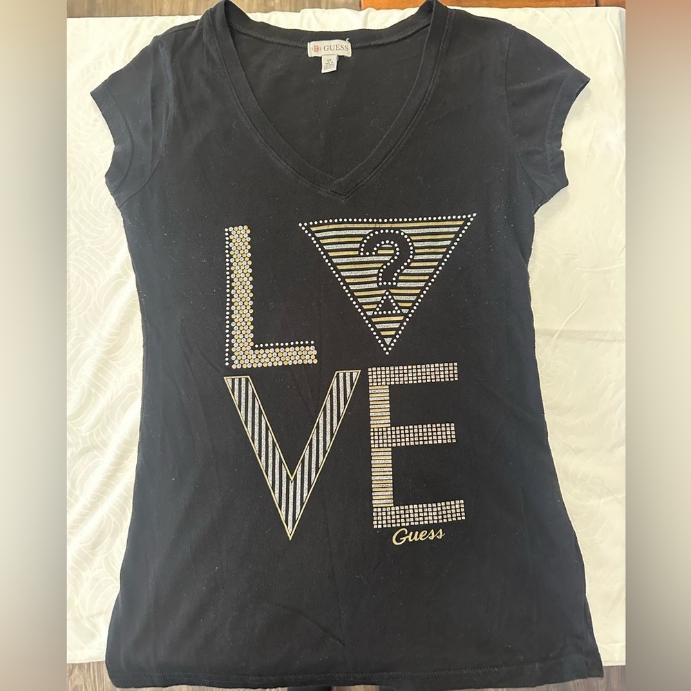 Guess Black Fitted Cap Sleeve Graphic T-Shirt